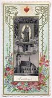 cca 1900 Máriaremetei kegytemplom szentkép, dombornyomott, aranyozott, szecessziós díszekkel, 11x5 cm.