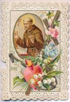 cca 1900 Assisi Szent Ferenc szentkép, csipkés, dombornyomott, kisebb sérüléssel, 9x6 cm.