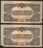 1944. 100P  "V.H." (2x) egymásutáni sorszámokkal, gyári hibából eredő sarokszakadással,az egyiken hátoldali jobb széli fehér sáv T:I + gyári hiba