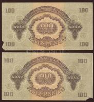 1944. 100P  "V.H." (2x) egymásutáni sorszámokkal, gyári hibából eredő sarokszakadással,az ...