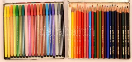 Faber-Castell 24, Stabilo 68 színes ceruzák és filcek, hiánytalan, eredeti dobozában