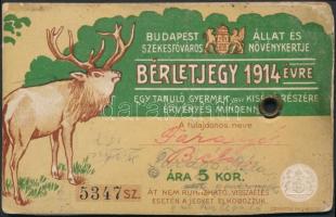 1914 Budapest, fényképes éves tanuló bérlet az állatkertbe / annual ticket to the Budapest Zoo, 6.5×...