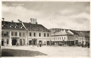 Székelyudvarhely, Odorheiu Secuiesc; Batthyányi tér, gyógyszertár, Martinovitsné vaskereskedése, bank / square, pharmacy, shop, bank, 'Székelyudvarhely visszatért' So. Stpl., Foto Kováts, photo