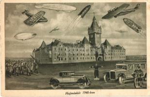 Hajmáskér 1940-ben, a jövőben montázs, parancsnoksági épület, kiadja Karinger (fa)