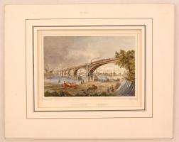 cca 1864 Ludwig Rohbock (1820-1883) - J. Riegel: Szegedin-Szeged. A képen vasúti híddal. Papír, színezett acélmetszet, jelzett a metszeten, paszpartuban, 13x17 cm. / Colored steel engraving, 13×17 cm
