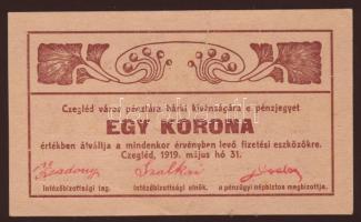 1919. Cegléd 1K hátoldali lemezhibával T:II