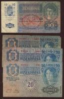 Korona tétel mindegyik piros "Deutschösterreich" fny-sal 1913. 10K T:II-(1x), 20K T:II(2x), T:IV(1x) + 1912. 100K T:II(1x), T:II/III(5x), T:III(6x), T:III/IV(1x) + 1902. 1000K osztrák bankjegy T:II(2x), T:III/IV (1x) összesen 19db