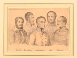 Kossuth, Messenhauser, Windischgratz, Bem, Jellachich, papír, litográfia, jelzés nélkül, paszpartuban, 13x18 cm.