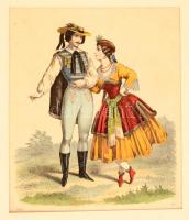 1858 Előkelő magyar pár, jelmez illusztráció, papír, színezett litográfia, paszpartuban, 17x20 cm. / 1858 Aristocratic hungarian couple, costume illustracion, paper, colored lithography, in paspartu, 17x20 cm.