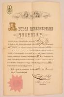 1868 A Budai Kereskedelmi Testület által kiadott tagsági igazolás fűszerkereskedő számára; okmánybélyeggel, hajtva