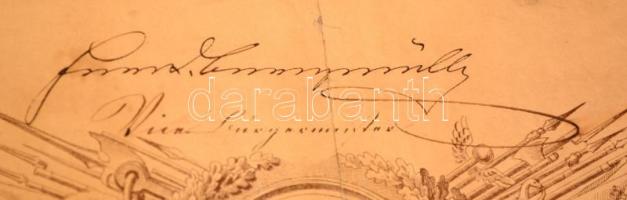 1848 Bécs, polgárjogot adományozó dekoratív rézmetszetes oklevél, a polgármester aláírásával és Fere...