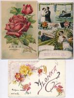 3 db RÉGI névnapi üdvözlőlap, köztük litho lapok / 3 pre-1945 Nameday greeting card, with litho