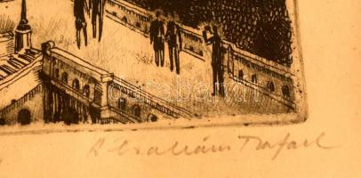 Ábrahám Rafael (1929-2014): Séta a Halászbástyán. Rézkarc, papír, jelzett, üvegezett keretben, 30×15...