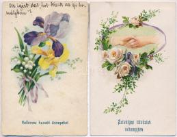 32 db RÉGI üdvözlőlap, virág motívumlap több litho lappal / 32 pre-1945 greeting cards, flower motive cards, many lithos