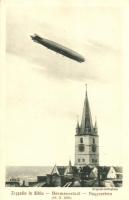 1929 Nagyszeben, Hermannstadt, Sibiu; Evangélikus templom, Zeppelin léghajó / church, Zeppelin airship