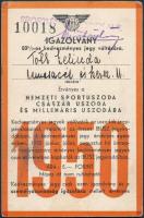 1950 Igazolvány 50%-os kedvezményes jegy váltására, érvényes a Nemzeti Sportuszoda Császár uszoda és Millenáris uszodába, 11x8cm