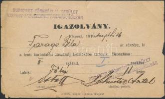 1919 Igazolvány V. ker. Kispest I. zászlóalj karhatalmi kötelék, kissé viseltes szélekkel, 10x16cm