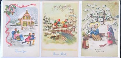 62 db RÉGI képeslap, főként karácsonyi üdvözlő képeslap, néhány városképes és fotólappal, vegyes minőségben, albumban / 62 pre-1945 postcards, mostly Christmas greeting cards, some town-view and photo postcards, mixed quality, in album