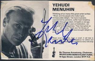Yehudi Menuhin (1916-1999) amerikai zsidó hegedűművész és karmester aláírása nyomtatványon, 11x18cm