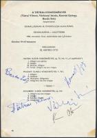 1986 A Tátrai Vonósnégyes tagjainak;Tátrai Vilmos, Várkonyi István - hegedű, Konrád György - mélyhegedű, Banda Ede - gordonka  aláírása nyomtatványon, 20x14cm