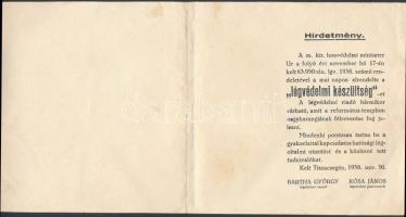 1938 Tiszacsege, légvédelmi készültségről szóló hirdetmény, felhívás a légoltalmi előírások betartására / Hungarian WWII air-defense call, 16×16 cm