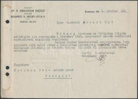 1943  P. Ábrahám Dezső (Danczkai Pattantyús-Ábrahám Dezső) (1875- 1973) ügyvéd, miniszterelnök aláír...