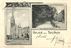 1898 Cieszyn, Teschen; Herz Jesu Kirche, Erzh. Albrecht Allee, Verlag Kutzer & Co. / church, avenue (EK)