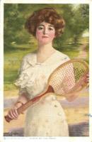 'Queen of the court' lady with tennis racket, s: Haskell Coffin (EB)