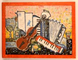 Szander Frigyes (1927-2000): Hangszeres csendélet. Olaj, vászon, jelzés nélkül, 60×80 cm