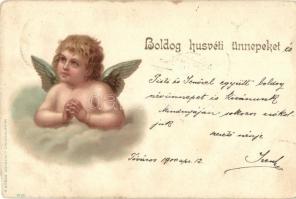 'Boldog húsvéti ünnepeket' Kunstanstalt J. Miesler / Easter greeting postcard, angel, litho (EK)