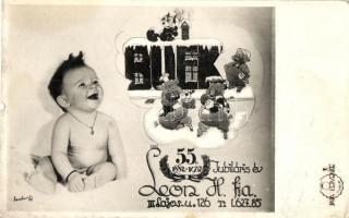 1937 Budapest III. Óbuda, Lajos u. 126. Leon Henrik fia fényképész üzletének 55. évfordulós újévi üdvözlőlapja / photographer advertisement, New Year greeting, baby (EK)