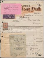 1910 2 db díszes fejléces számla (Georg Dralle és H. Kielhauser kozmetikai termékei) 2h okmánybélyeggel, hajtva / antique invoices for cosmetic products, with document stamp