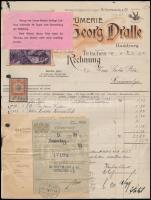 1910 2 db díszes fejléces számla (Georg Dralle és H. Kielhauser kozmetikai termékei) 2h okmánybélyeggel, hajtva / antique invoices for  cosmetic products, with document stamp