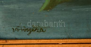 Vörös jelzéssel: Virágok. Olaj, karton, kertben, 92×34 cm