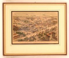 cca 1870 Bochum, acélgyár nagyméretű., színezett fametszet, igényes üvegezett keretben / cca 1870 Bochum steel factory large wood engraving in quality glazed frame 58x46 cm