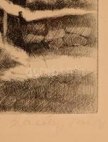 Szalóky Sándor (1921-1978): Téli táj. Rézkarc, papír, jelzett, üvegezett keretben, 31×50 cm