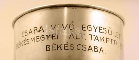 Ezüst(Ag) kupa, gravírozott felirattal, jelzés nélkül, m: 14 cm, nettó: 91,2 g