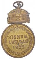 1922. "Magyar Koronás Bronzérem" aranyozott bronz kitüntetés mellszalag nélkül T:2
Hungar...