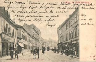 Vienna, Wien IV. Favoritenstrasse / street, trams, shops of G. Janusch, Joh. Schuberth