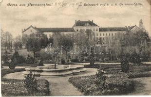 Nagyszeben, Hermannstadt, Sibiu; Erlenpark, K. u. K. Garisonspital / park, katonai kórház, kiadja Karl Graef / park, military hospital