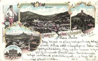 1898 Selmecbánya, Banska Stiavnica; Látkép, akadémia palota / general view, academy palace, Art Nouveau, floral, litho