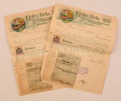 1910 Réthy Béla békéscsabai gyógyszerész, 2 db díszes fejléces számla 2f okmánybélyeggel, hajtva / antique Hungarian medical invoices with document stamp