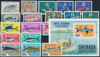 Fishes 18 stamps + 1 block, Hal motívum 18 db bélyeg és 1 blokk