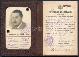 1938 Fényképes ügyvédi igazolvány, Budapesti Ügyvédi Kamara / Hungarian lawyer ID, 12x8cm