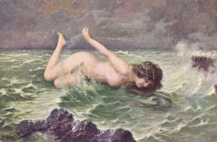 Wassernymphe / nymph, nude lady, erotic art postcard s: F. Klimes (EK)
