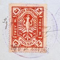 1921 Poznanban kiállított lengyel okmány 3M okmánybélyeggel