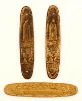 cca 1930 3 db vallásos tematikájú rézveret, botjelvény, (bicska dísz?) 7 cm