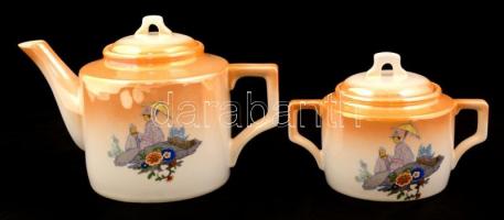 Zsolnay távol-keleti mintás teás készlet, hiányos, matricás, jelzett, kopott, összesen: 7 db (csésze...