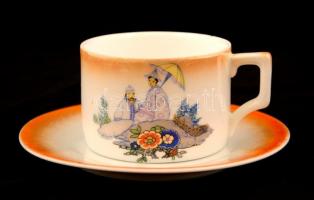 Zsolnay távol-keleti mintás teás készlet, hiányos, matricás, jelzett, kopott, összesen: 7 db (csésze...