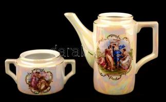 Zsolnay mokkás készlet mitológiai jelenettel, hiányos, matricás, jelzett, egyik csésze sérült, fedél...